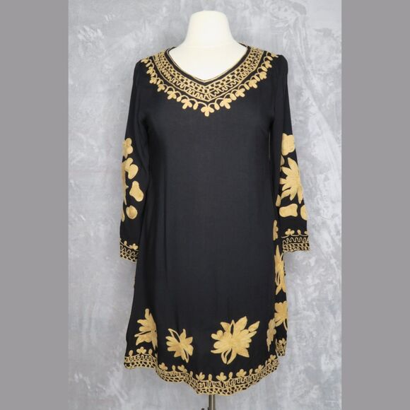 WAYAN NATURAL WEAR Black Tunic Dress Size S Floral Embroidered Bell Sleeves - Picture 2 of 11